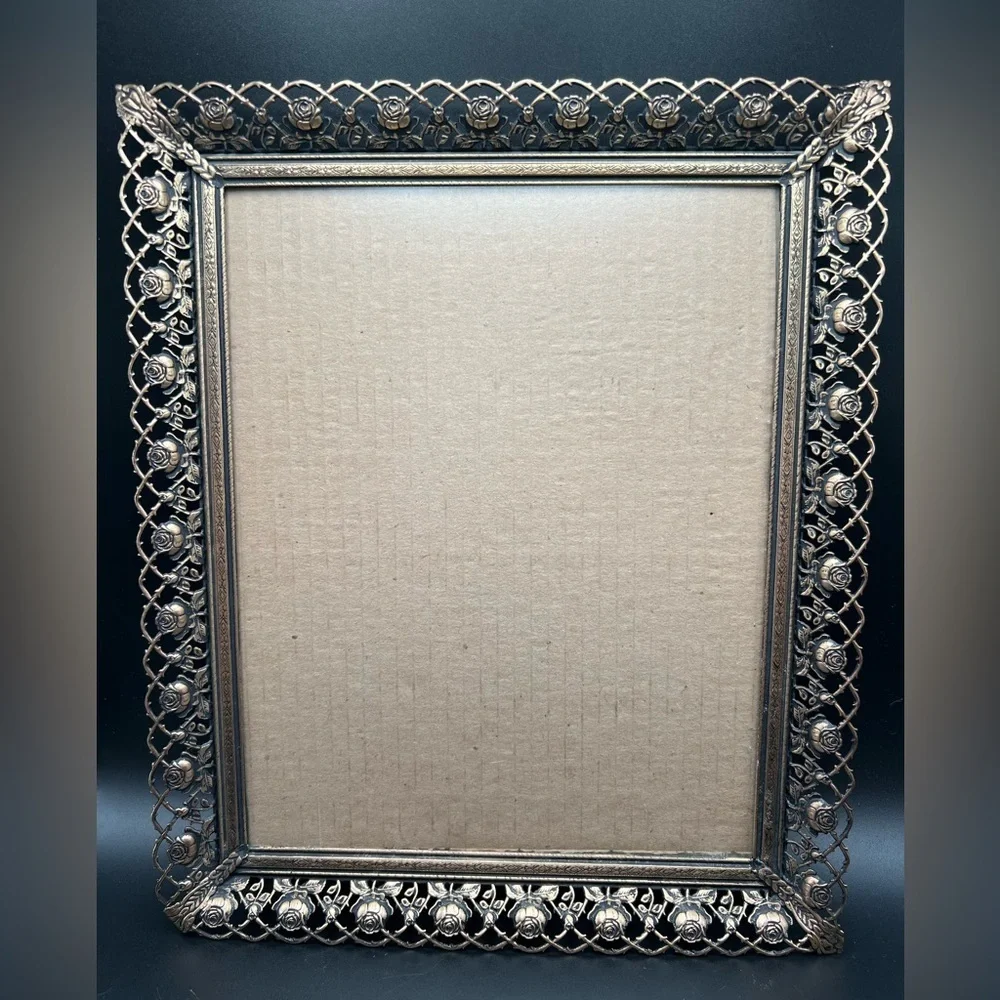 Vintage goldtone metal rose filigree picture frame 7”x9” MCM Ornate